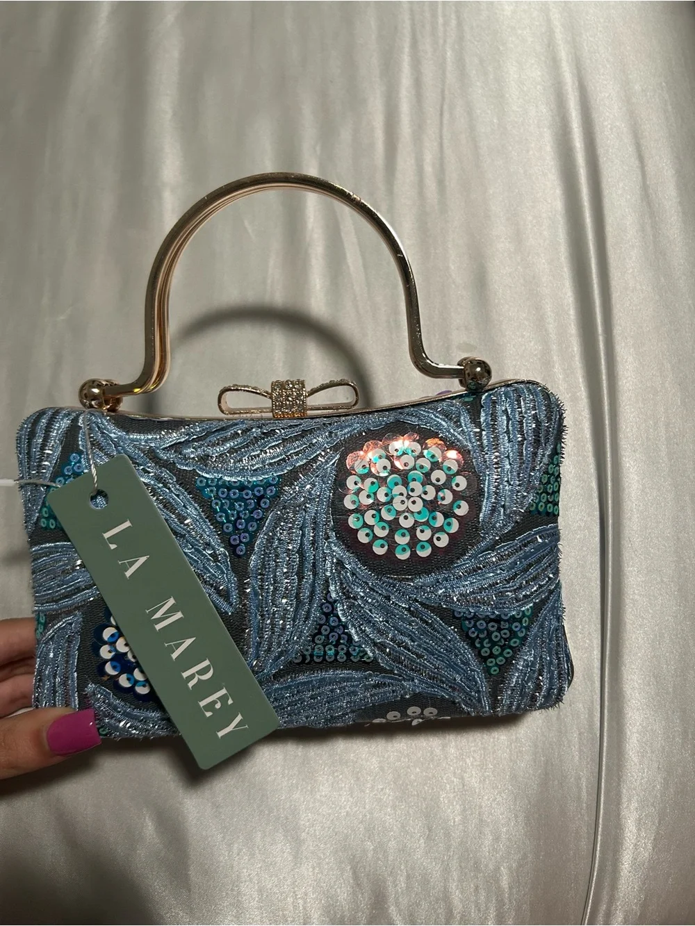 Blue Sequin Embellished Top-Handle Clutch
